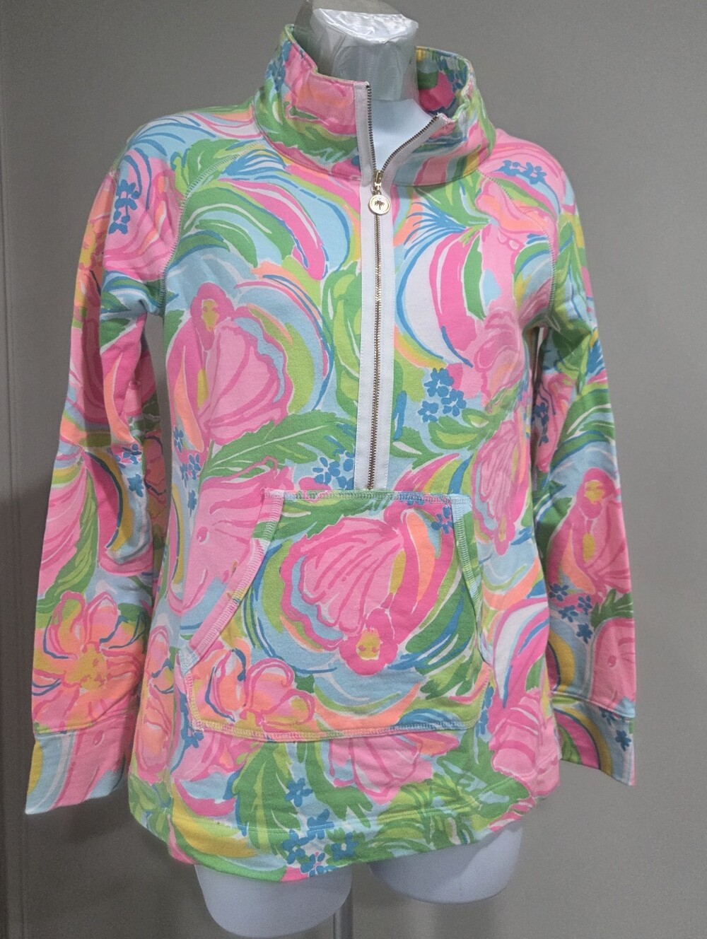 Lilly Pulitzer Pink & Green Floral Half-Zip Pullover Sz.S Women's